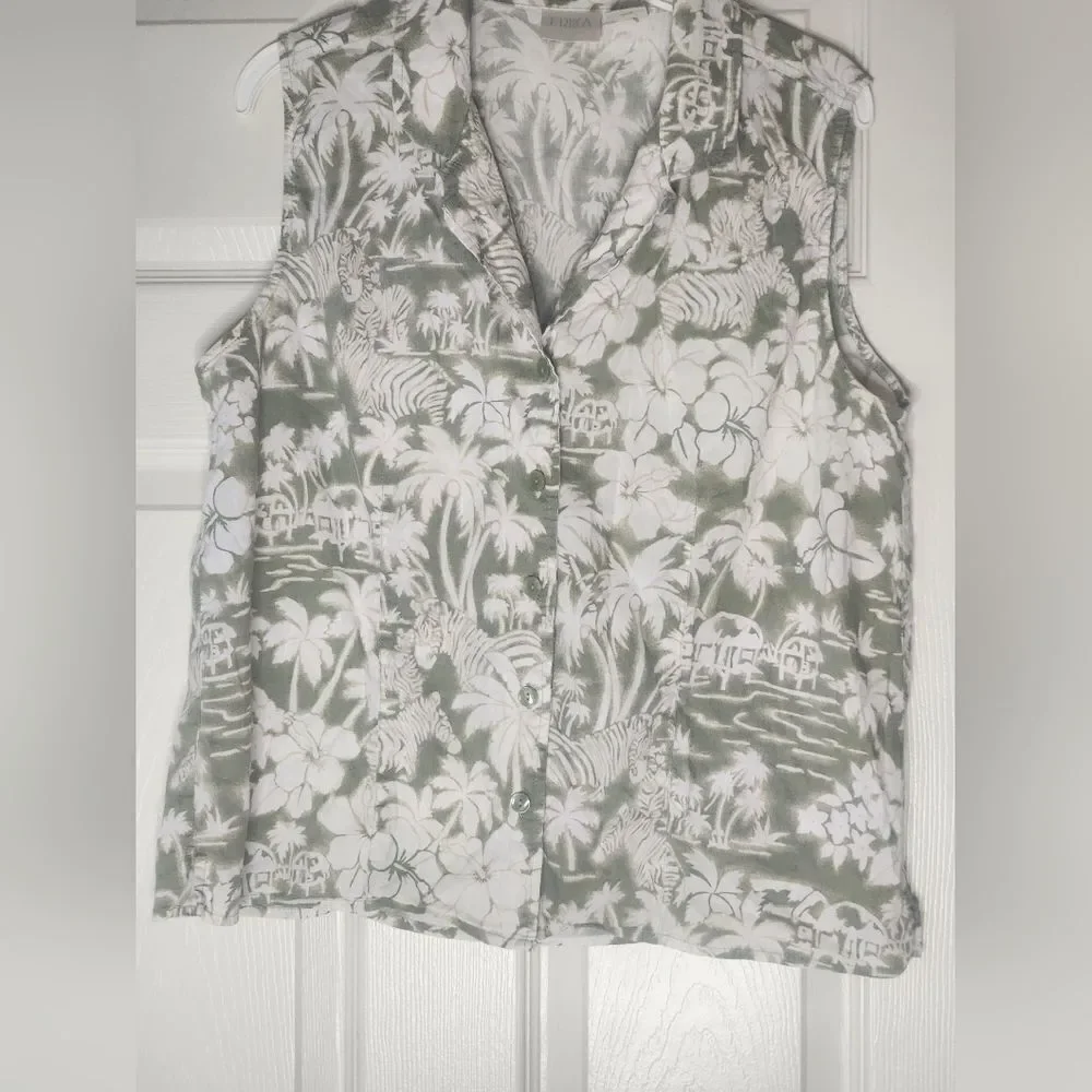 Vtg Erika XL 90s Hawaiian Tropical Print BeachTheme Button Down Women's Shirt